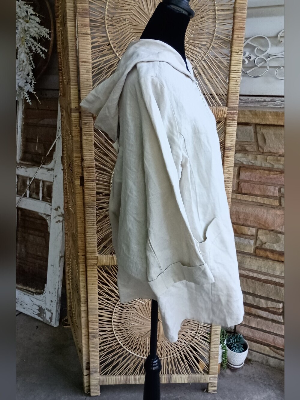 NWOT For Cynthia Lightweight 100% Linen Cream Hooded Coat_L - Picture 6 of 10